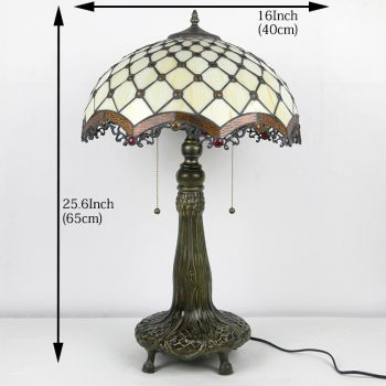 LongHuiJing 16Inch Tiffany Lamp Stained Glass Table Lamp Cream Pearl Bead Style Desk Reading Light Decor Lighting