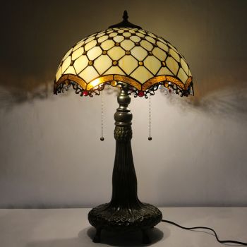 LongHuiJing 16Inch Tiffany Lamp Stained Glass Table Lamp Cream Pearl Bead Style Desk Reading Light Decor Lighting