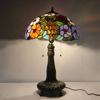 LongHuiJing 16Inch Tiffany Lamp Stained Glass Table Lamp Grape and Flower Style Desk Reading Light Decor Lighting