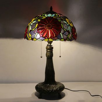 LongHuiJing 16Inch Tiffany Lamp Stained Glass Table Lamp Red Flower Lampshade Style Desk Reading Light Decor Lighting
