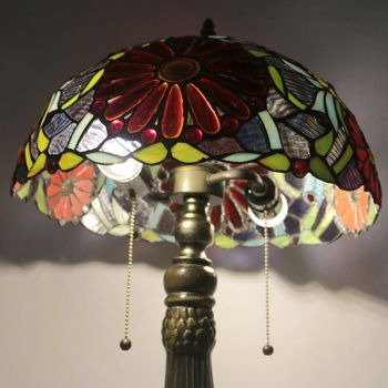 LongHuiJing 16Inch Tiffany Lamp Stained Glass Table Lamp Red Flower Lampshade Style Desk Reading Light Decor Lighting