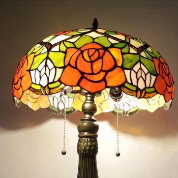 LongHuiJing 16Inch Tiffany Lamp Stained Glass Table Lamp Yellow Rose Lampshade Style Desk Reading Light Decor Lighting