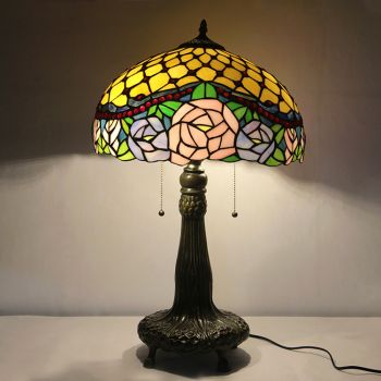 LongHuiJing 16Inch Tiffany Lamp Stained Glass Table Lamp Pink Rose Lampshade Style Desk Reading Light Decor Lighting