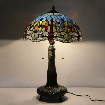 LongHuiJing 16Inch Tiffany Lamp Stained Glass Table Lamp Red Dragonfly Lampshade Style Desk Reading Light Decor Lighting