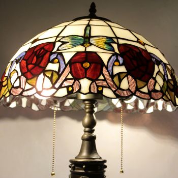 LongHuiJing 16Inch Retro Tiffany Table Lamp Red Stained Glass Red Rose Lampshade Lights Handmade Glass Desk Lamps