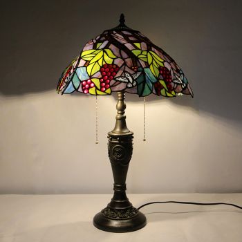 LongHuiJing 16Inch Retro Tiffany Table Lamp Stained Glass Cone Grape Lampshade Lights Handmade Glass Desk Lamps