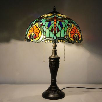 LongHuiJing 16Inch Retro Tiffany Table Lamp Stained Glass Love Green Lampshade Lights Handmade Glass Desk Lamps