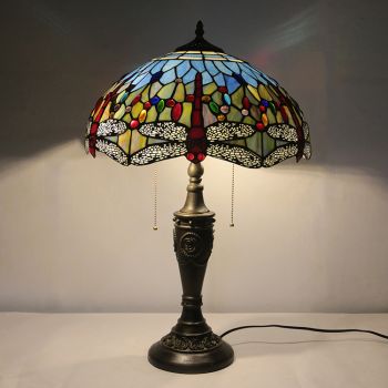 LongHuiJing 16Inch Retro Tiffany Table Lamp Red Stained Glass Red Dragonfly Lampshade Lights Handmade Glass Desk Lamps