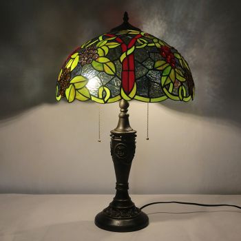 LongHuiJing 16Inch Retro Tiffany Table Lamp Red Stained Glass Grape Lampshade Lights Handmade Glass Desk Lamps