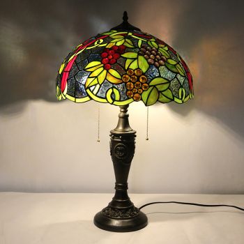 LongHuiJing 16Inch Retro Tiffany Table Lamp Red Stained Glass Grape Lampshade Lights Handmade Glass Desk Lamps