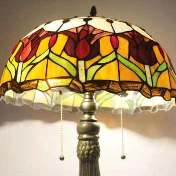 LongHuiJing 16Inch Tiffany Lamp Stained Glass Table Lamp Yellow Tulip Lampshade Style Desk Reading Light Decor Lighting