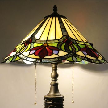 LongHuiJing 16Inch Retro Tiffany Table Lamp Stained Glass Beads Cone Floral Lampshade Lights Handmade Glass Desk Lamps