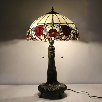 LongHuiJing 16Inch Tiffany Lamp Stained Glass Table Lamp Red Rose Lampshade Style Desk Reading Light Decor Lighting