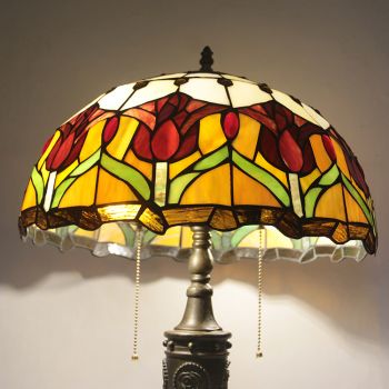 LongHuiJing 16Inch Retro Tiffany Table Lamp Red Stained Glass Tulip Lampshade Lights Handmade Glass Desk Lamps