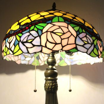 LongHuiJing 16Inch Tiffany Lamp Stained Glass Table Lamp Pink Rose Lampshade Style Desk Reading Light Decor Lighting