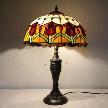 LongHuiJing 16Inch Retro Tiffany Table Lamp Red Stained Glass Tulip Lampshade Lights Handmade Glass Desk Lamps