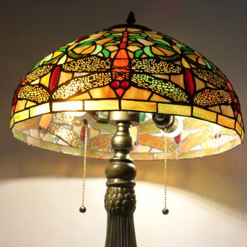 LongHuiJing 16Inch Tiffany Lamp Stained Glass Table Lamp Red Dragonfly Lampshade Style Desk Reading Light 