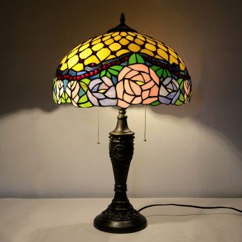LongHuiJing 16Inch Retro Tiffany Table Lamp Stained Glass Pink Rose Lampshade Lights Handmade Glass Desk Lamps