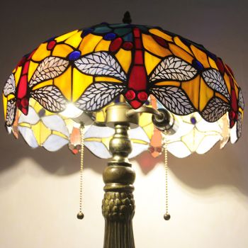 LongHuiJing 16Inch Tiffany Lamp Stained Glass Table Lamp Red Dragonfly Lampshade Style Desk Decor Reading Light 