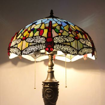 LongHuiJing 16Inch Retro Tiffany Table Lamp Red Stained Glass Red Dragonfly Lampshade Lights Handmade Glass Desk Lamps