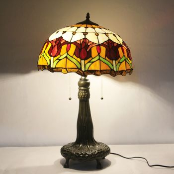 LongHuiJing 16Inch Tiffany Lamp Stained Glass Table Lamp Yellow Tulip Lampshade Style Desk Reading Light Decor Lighting