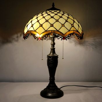 LongHuiJing 16Inch Retro Tiffany Table Lamp Stained Glass Beads Lampshade Lights Handmade Glass Desk Lamps