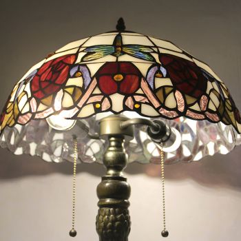LongHuiJing 16Inch Tiffany Lamp Stained Glass Table Lamp Red Rose Lampshade Style Desk Reading Light Decor Lighting