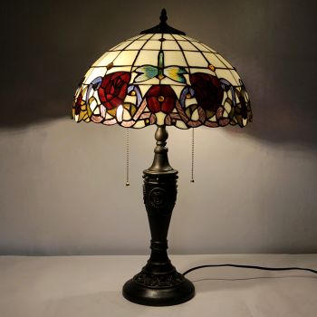 LongHuiJing 16Inch Retro Tiffany Table Lamp Red Stained Glass Red Rose Lampshade Lights Handmade Glass Desk Lamps