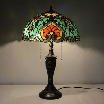 LongHuiJing 16Inch Retro Tiffany Table Lamp Stained Glass Love Green Lampshade Lights Handmade Glass Desk Lamps