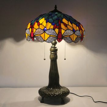 LongHuiJing 16Inch Tiffany Lamp Stained Glass Table Lamp Red Dragonfly Lampshade Style Desk Decor Reading Light 