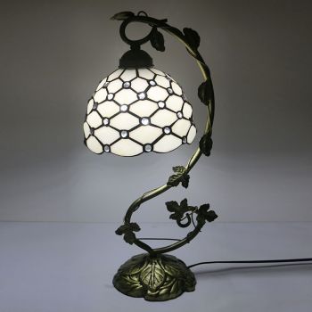 LongHuiJing 8Inch Tiffany Style Table Lamp Beads White Stained Glass Antique 20.5”H Metal Base Decor Lights