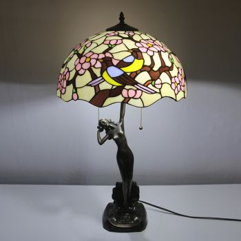 LongHuiJing 16Inch Tiffany Lamp Table Lamp Two Birds Stained Glass Luxurious Banker Memory Lamp Antique Copper Base