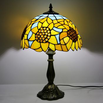 LongHuiJing 12Inch Tiffany Lamp Stained Glass Bedside Table Lamp Sunflower Yellow Style Reading Desk Light 18" Tall