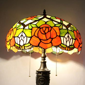 LongHuiJing 16Inch Retro Tiffany Table Lamp Stained Glass Yellow Rose Lampshade Lights Handmade Glass Desk Lamps