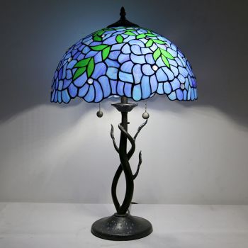 LongHuiJing Tiffany Style Table Lamp Stained Glass Lampshade Blue Bedside Lamp Rose Decorated Lamp 16Inch