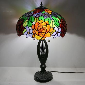 LongHuiJing Tiffany Style Table Lamp Stained Glass Lampshade Bedside Lamp Rose Decorated Lamp 16Inch