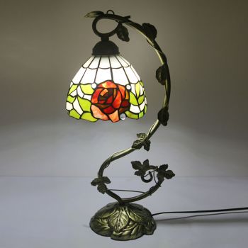 LongHuiJing 8Inch Tiffany Style Table Lamp Red Rose Flora Stained Glass Antique 20.5”H Metal Base Decor Lights
