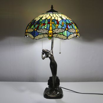LongHuiJing 16Inch Dragonfly Tiffany Lamp Table Lamp Stained Glass Luxurious Banker Memory Lamp Antique Copper Base