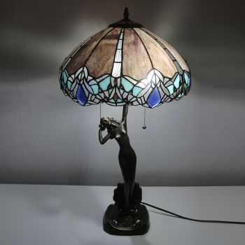 LongHuiJing 16Inch Tiffany Lamp Table Lamp Purple Stained Glass Luxurious Banker Memory Lamp Antique Copper Base