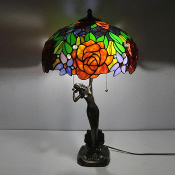 LongHuiJing 16Inch Tiffany Lamp Table Lamp Rose Stained Glass Luxurious Banker Memory Lamp Antique Copper Base