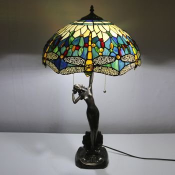 LongHuiJing 16Inch Dragonfly Tiffany Lamp Table Lamp Stained Glass Luxurious Banker Memory Lamp Antique Copper Base
