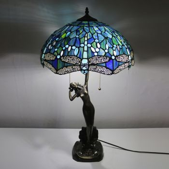LongHuiJing 16Inch Tiffany Lamp Table Lamp Sea Blue Stained Glass Luxurious Banker Memory Lamp Antique Copper Base