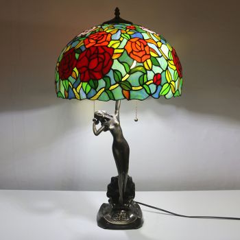 LongHuiJing 16Inch Tiffany Lamp Table Lamp Unique Rose Stained Glass Luxurious Banker Memory Lamp Antique Copper Base