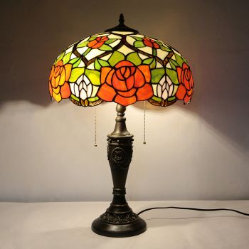 LongHuiJing 16Inch Retro Tiffany Table Lamp Stained Glass Yellow Rose Lampshade Lights Handmade Glass Desk Lamps