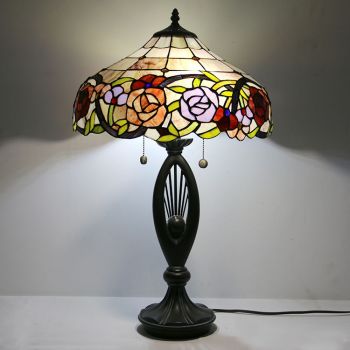 LongHuiJing Tiffany Style Table Lamp Stained Glass Rose Lampshade Bedside Lamp Rose Decorated Lamp 16Inch
