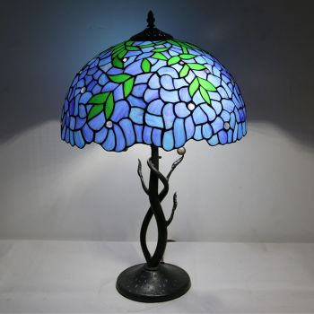 LongHuiJing Tiffany Style Table Lamp Stained Glass Lampshade Blue Bedside Lamp Rose Decorated Lamp 16Inch