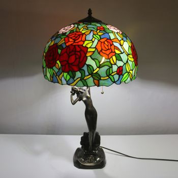 LongHuiJing 16Inch Tiffany Lamp Table Lamp Unique Rose Stained Glass Luxurious Banker Memory Lamp Antique Copper Base
