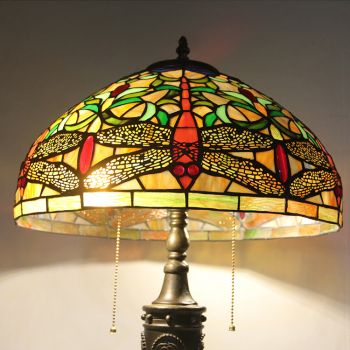 LongHuiJing 16Inch Retro Tiffany Table Lamp Stained Glass Yellow Dragonfly Lampshade Lights Handmade Glass Desk Lamps