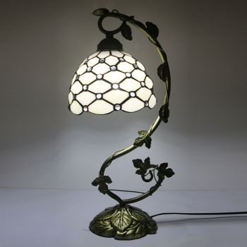 LongHuiJing 8Inch Tiffany Style Table Lamp Beads White Stained Glass Antique 20.5”H Metal Base Decor Lights