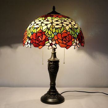 LongHuiJing 16Inch Retro Tiffany Table Lamp Stained Glass Love Roses Lampshade Lights Handmade Glass Desk Lamps